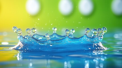 Water splash crown with bokeh background on blue surface