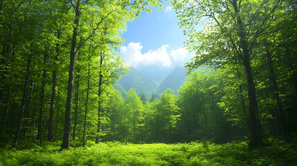 Obraz premium Sunlit forest path leads to mountains; nature background