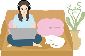 The girl is wearing headphones, sitting on the couch, with a laptop while working, studying, blogging or programming. A white cat sleeps nearby. Vector illustration.