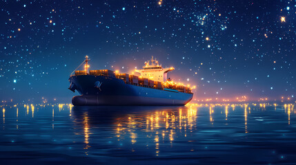 Fototapeta premium Illuminated cargo ship at night on calm sea, surrounded by sparkling lights. Sparkling Harbor. Illustration