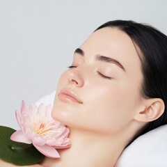 Fototapeta premium serene woman with glowing skin enjoys a spa treatment with a pink water lily