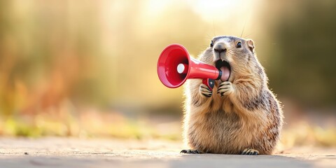 Enthusiastic Groundhog with Megaphone Celebrating Happy Groundhog Day.