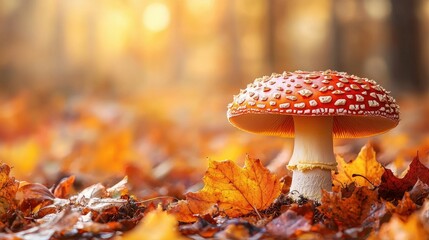 Amanita Muscaria Mushroom Autumn Forest Leaves