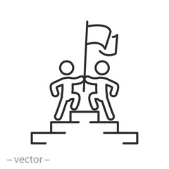 successful community icon, success in achieving the goal, people with flag standing on top of mountain, thin line symbol on white background - editable stroke vector illustration
