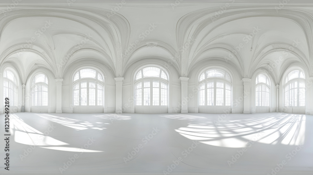 Poster full spherical 360 degrees panorama projection of empty white abstract hall interior 3d render illus