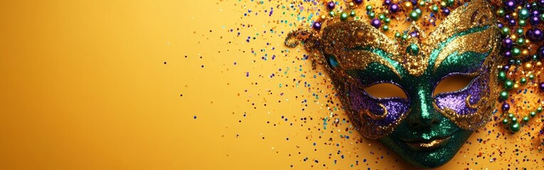 A vibrant Mardi Gras mask with green, gold, and purple glitter and beads, evoking the festive spirit of the celebration.