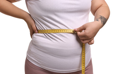 Weight loss. Plus size woman measuring waist with tape on white background, closeup