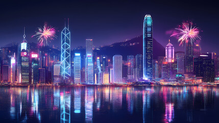 Fototapeta premium Neon hong kong skyline, fireworks, harbor reflection, nighttime cityscape. Sparkling Harbor. Illustration