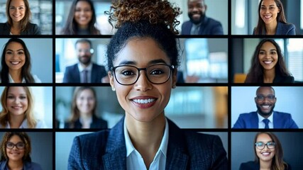 Connected and Collaborative: A diverse group of business professionals connect through a video conference, showcasing a sense of unity and collaborative spirit in the digital age. - Powered by Adobe