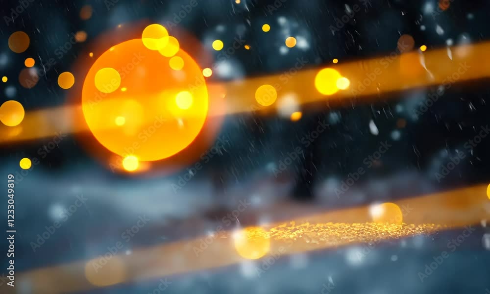 Poster soft golden bokeh lights on a grey background with a blurry backdrop and falling snow