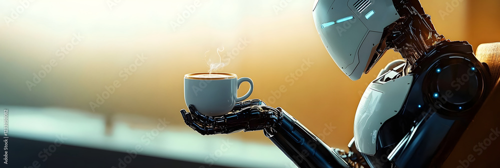 Poster advanced android enjoys virtual coffee, showcasing futuristic technology in a serene environment