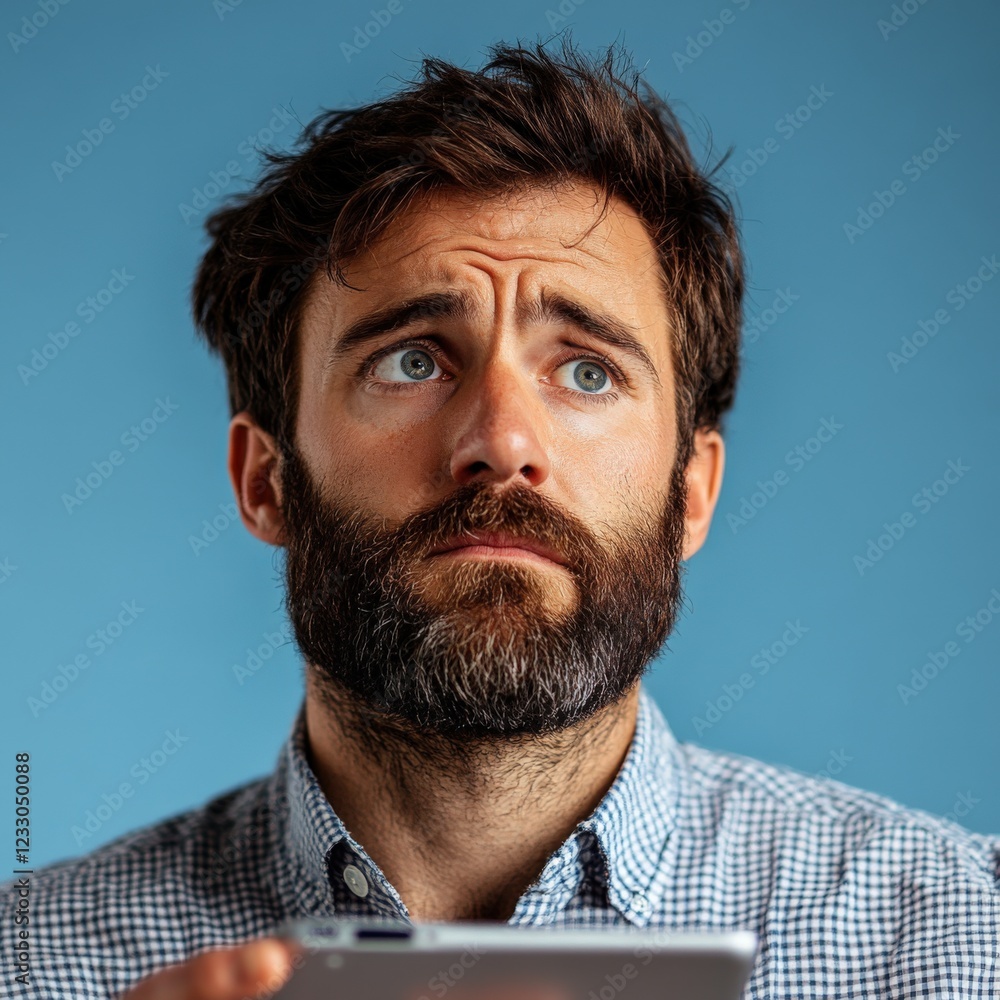 Poster man looking up with a thoughtful expression while holding a tablet