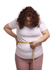 Weight loss. Plus size woman measuring waist with tape on white background