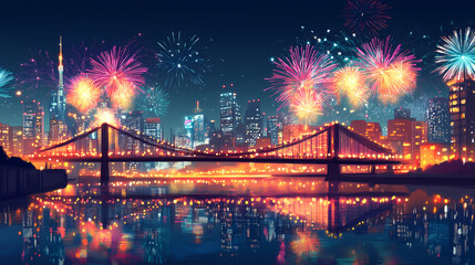 Obraz premium Vibrant cityscape with fireworks exploding over a bridge and reflecting in water. Sparkling Harbor. Illustration