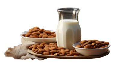 Almond Milk with Almonds Healthy Vegan Drink, Roasted Nuts for Food Themes, isolated on transparent background.
