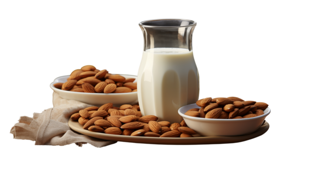 Almond Milk with Almonds Healthy Vegan Drink, Roasted Nuts for Food Themes, isolated on transparent background.