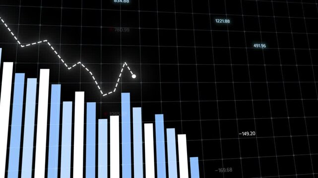 Dynamic financial graph illustrating decreasing losses, blue bar charts with downward trend, black background, conveying market fluctuations and performance analytics. Copy space.