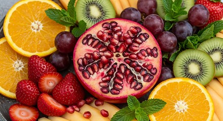 Delicious Fruit Platter with Pomegranate Kiwi Oranges Strawberries