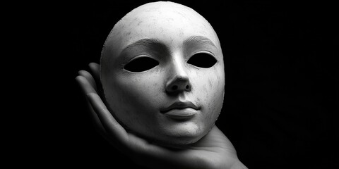A surreal white mask held by a hand in a dark shadowy composition, evoking mystery and introspection.