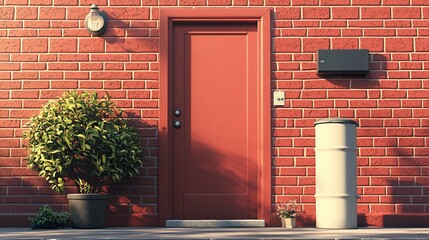 Red Brick House Front Entrance With Plants And Door
