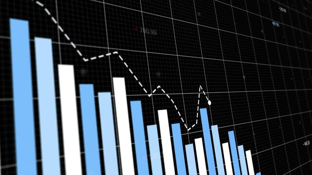 Data visualization sequence on black background, animated bar charts declining over time, highlighting downward trends with arrows, financial analysis insights, Copy space.