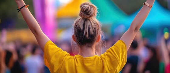 Celebration scene with young woman in yellow t-shirt at outdoor festival, enjoying music and cheering with raised arms among vibrant crowd and colorful decorations.