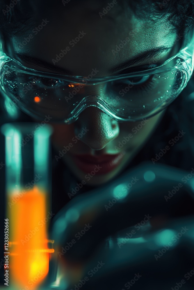 Poster chemistry lab session with scientist focusing on experiments, analyzing test tubes and organic compo