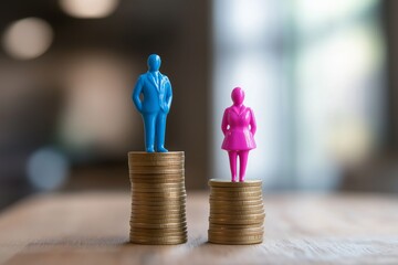 Gender pay gap concept with male and female figures standing on coin stacks representing income inequality, wage disparity, financial imbalance, and workplace discrimination, Generative AI