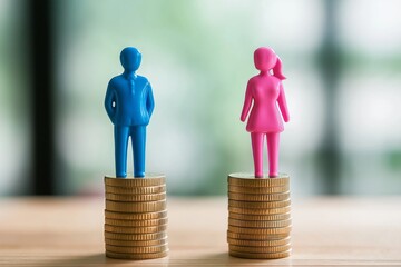 Gender pay gap concept with male and female figures standing on coin stacks representing income inequality, wage disparity, financial imbalance, and workplace discrimination, Generative AI