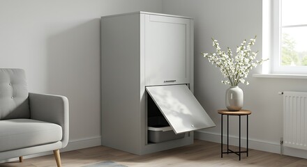 Tall gray corner storage cabinet, drop-front, modern design.  Open trash/recycling.
