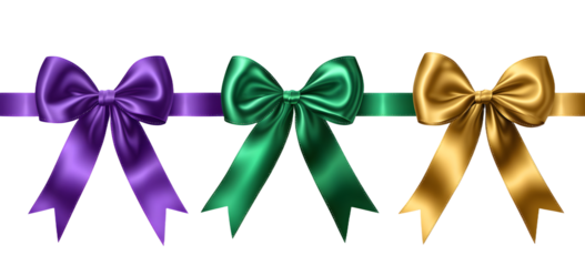 Collection set of three purple golden and green satin gift ribbons and bows isolated on transparent background, Christmas or Mardi gras holiday celebration, png