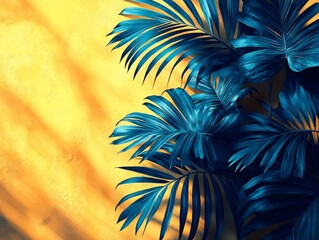 Palm leaves framing the edges of the image, with rich green color and a bluish tint, against a warm yellow and orange background, casting shadows that add depth and volume.