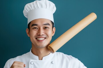 happy chef with rolling pin on shoulder