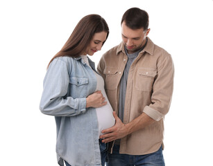 Pregnant woman and her husband on white background