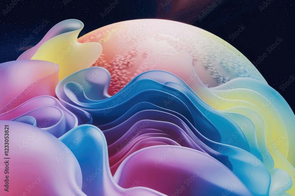 Poster abstract pastel waves flow over a planet in space, creating a vibrant and surreal cosmic scene.