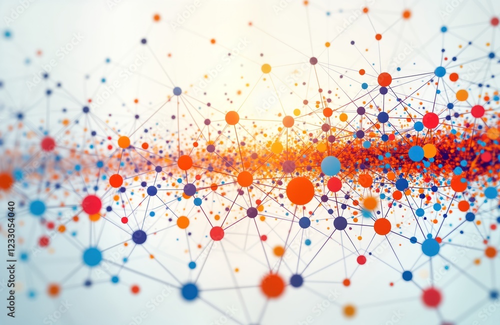 Poster colorful interconnected network design. dots, lines in vibrant colors create complex pattern. abstra