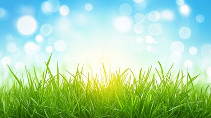 Obraz premium Vibrant green grass with sunlight and bokeh effect, symbolizing freshness, nature, eco-friendly environment, growth, and the beauty of spring and summer landscapes, Generative AI