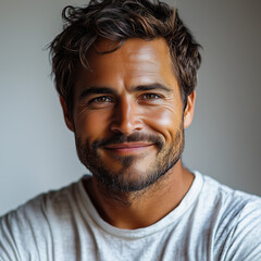 Obraz premium man with a warm, confident smile and casual appearance, set against a neutral indoor background. The relaxed posture and natural lighting give a laid-back, approachable vibe