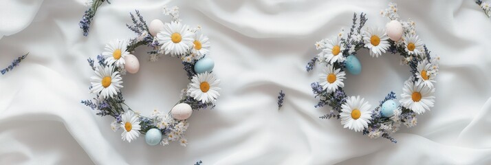 Floral easter wreaths with daisies, lavender, and pastel eggs on white fabric