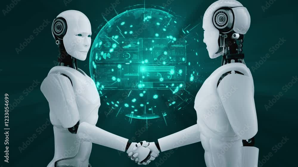 Poster 3d rendering hominoid robot handshake to collaborate future technology development by ai thinking br