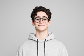 Fototapeta premium portrait of a smiling young man wearing a grey hoodie and glasses