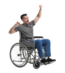 Excited man in wheelchair on white background
