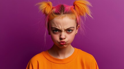 Colorful expression: playful teen with vibrant hair against purple background