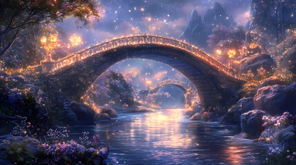 Obraz premium Charming bridge over a sparkling river background picturesque bridge arching over a shimmering river in a fantastical setting. Sparkling Harbor. Illustration