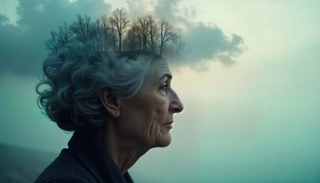 Senior woman profile view. Image evokes contemplation, reflection. Mindful of inner world. Suggests awareness of universal issues. Image suitable for World Alzheimer Day. Perfect for caregiving