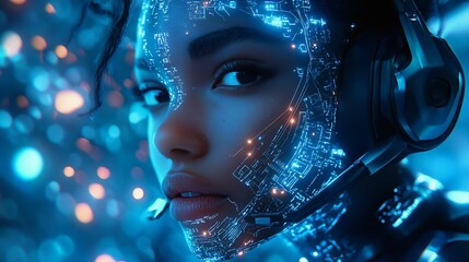 Close-up of a futuristic woman with digital circuitry on her face, wearing a high-tech headset in a glowing, digital environment.