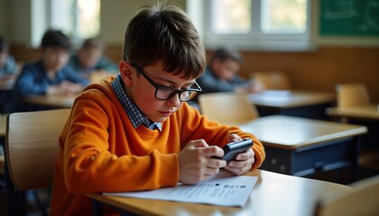 Boy in orange sweater uses mobile phone during class. Hides phone under desk. Students in classroom study. Bad behavior. Distracting. Gadget addiction issue. Schoolboy. Disruptive. Lesson time.