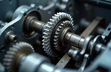 Closeup view of disassembled car automatic transmission gear part on workbench. Complex industrial mechanism. Maintenance repair service in progress at garage factory. Precise metal gears,