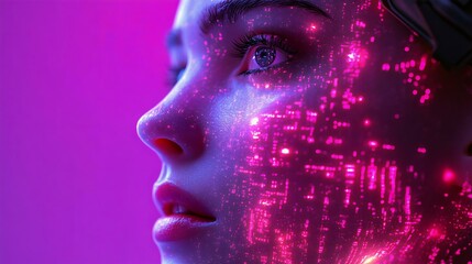 A futuristic humanoid face is illuminated by vibrant pink digital data lights, symbolizing artificial intelligence and advanced technology.