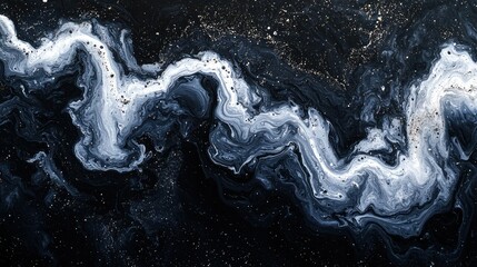 White swirls flow on dark glittery liquid surface